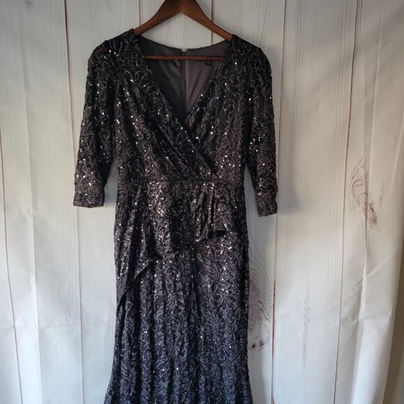 Blu Sage Slate Black Formal Sequins Dress, Sz 4, V-Neck, Lace ¾ Sleeve, EUC - Picture 8 of 9